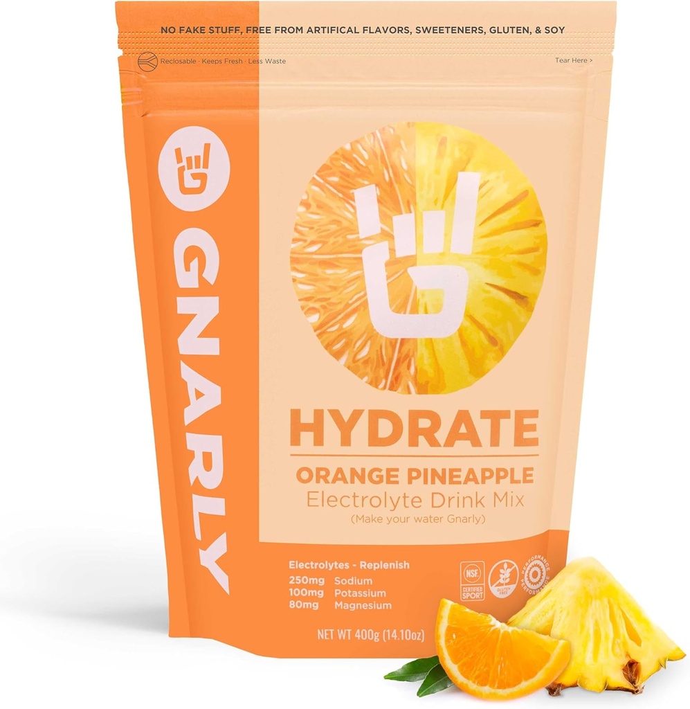 Gnally Nutrition Hydrate Electrolyte Proszek - Pomarańczowy Ananas Ćwiczenia Napoje Napoje - NSF Sport Certified - Elektrolite Solution, Wydajność i odzyskiwanie - Ananas pomarańczowy, 14.10 oz