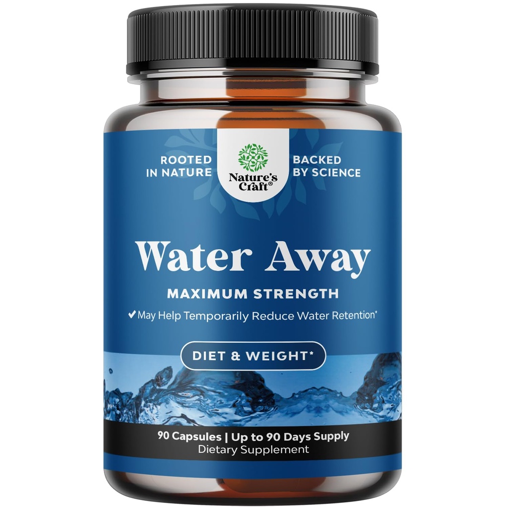Water Away Herbal Diuretic Pills Wysoka wytrzymałość - Suplement do zatrzymywania płynów z Dandelion Leaf Extract & Green Tea for Bloating Relief for Women & Men - Kapsułki dla Nogi i Stopy Obrzęk - 90 Count