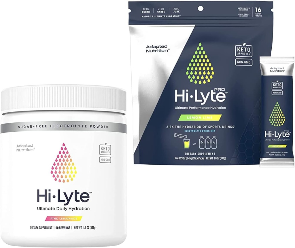 Proszek Hi- Lyte Electrolyte, Codzienne Napoje Uzupełniające Napoje Napoje, 90 Słupki (Pink Lemonade) 124; Plus Pakiety Hi- Lyte Pro Nawodnienia, 16 Indywidualne Pakiety Napojów (Lemon Lime)