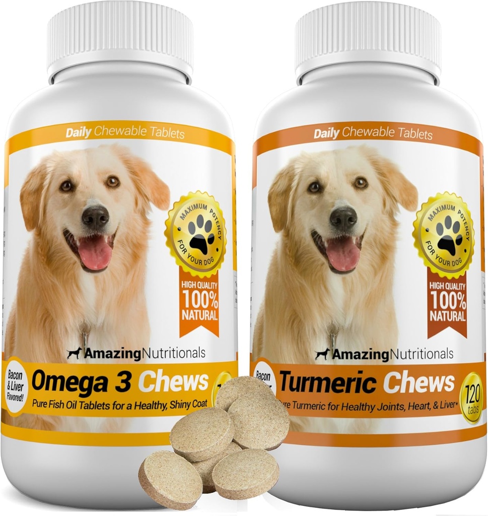Amazing Combo Omega-3 Olej rybny i kurkumina kurkumina dla psów - Czysty All- Naturalny Pet Antioksydant - Promotes Shiny Coat, Zdrowie mózgu, Eliminuje bóle stawów, 120 Smakowe żucia x 2