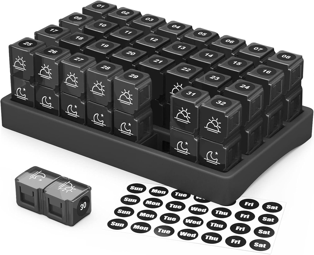 ZIKEE 30 Dzień Pill Organizator Miesięczny, Przenośne jeden miesiąc Pill Box Skrzynki z 32 Dwa razy dziennie PM Komory dla witamin, Olej rybny, Suplementy i Leki