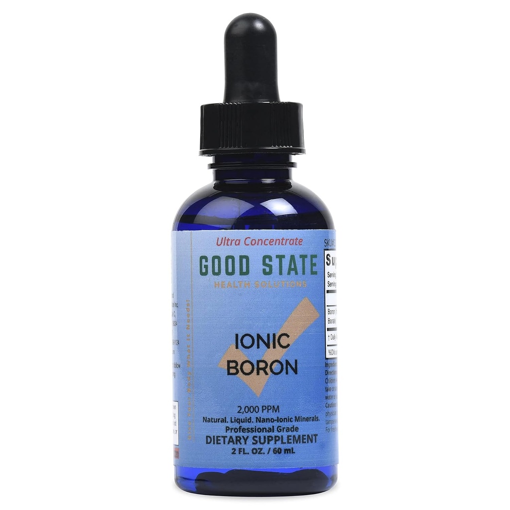 Dobry stan 124; Bor jonowy 124; Naturalny 124; Koncentrat płynny 124; Nano Sized Mineral Technology 124; Profesjonalny stopień 124; 10 Krople równa się 1 mg 124; 1.6 Fl oz Bottle