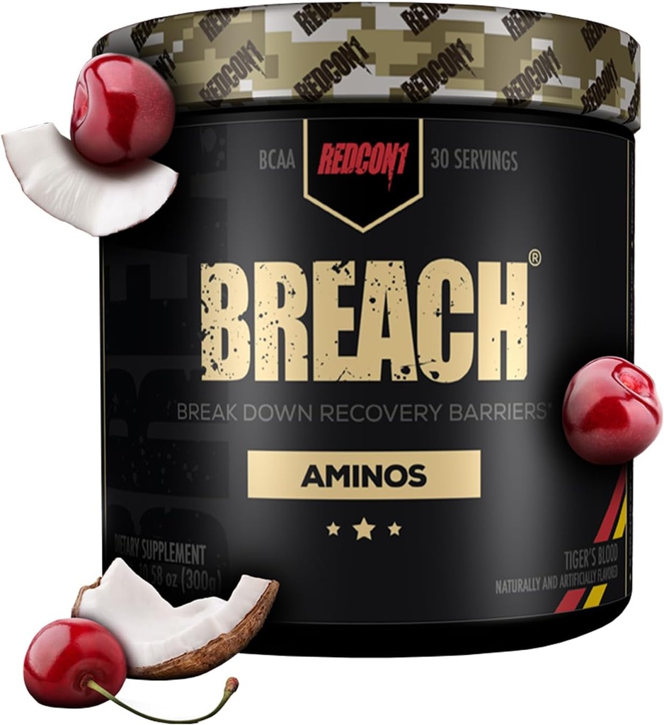 REDCON1 Breach BCAA, Tiger 's Blood - Keto Friendly + Sugar Free Essential Amino Acids for Recovery - Zawiera BCAA L- Leucine, L- Isoleucine & L- Valine (30 Servings)