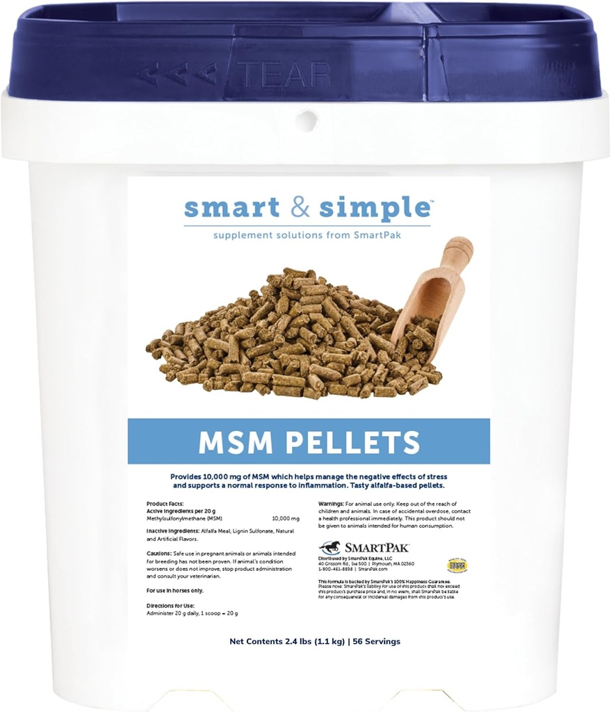 Smart & Simple MSM Pellety 124; Pomaga zarządzać efektami stresu 124; Pomoc w suplemencie koni w komórkowym i wzmacniania tkanek 124; 56 Służenia 124; 2.4 Lb Bucket
