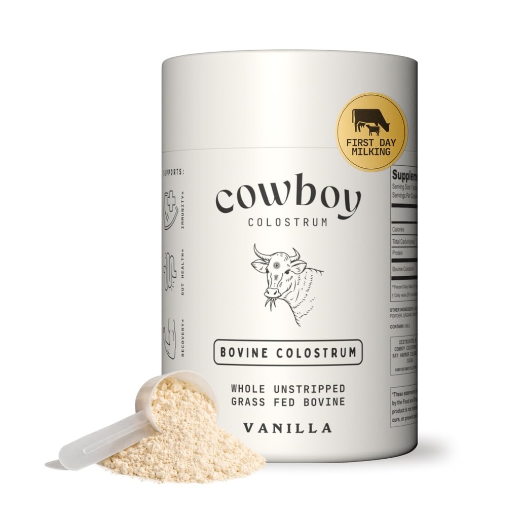 Kowboj Colostrum Powder - Bovine Colostrum Powder for Women & Men - Pierwszy dzień dojenia całego Colostrum - Trawa karmiona Colostrum Supplement for Gut Health, Immunitet, Skóra i włosy (Vanilla 40 Servings)