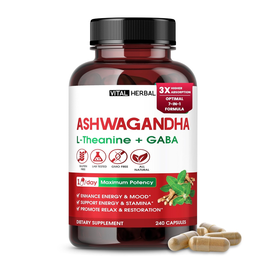 Kompleks Ashwagandha z L- Theanine, Turmeric, Rhodiola & St. John 's Wort - Herbal Blend for Daily Wellness - 240 kapsułki
