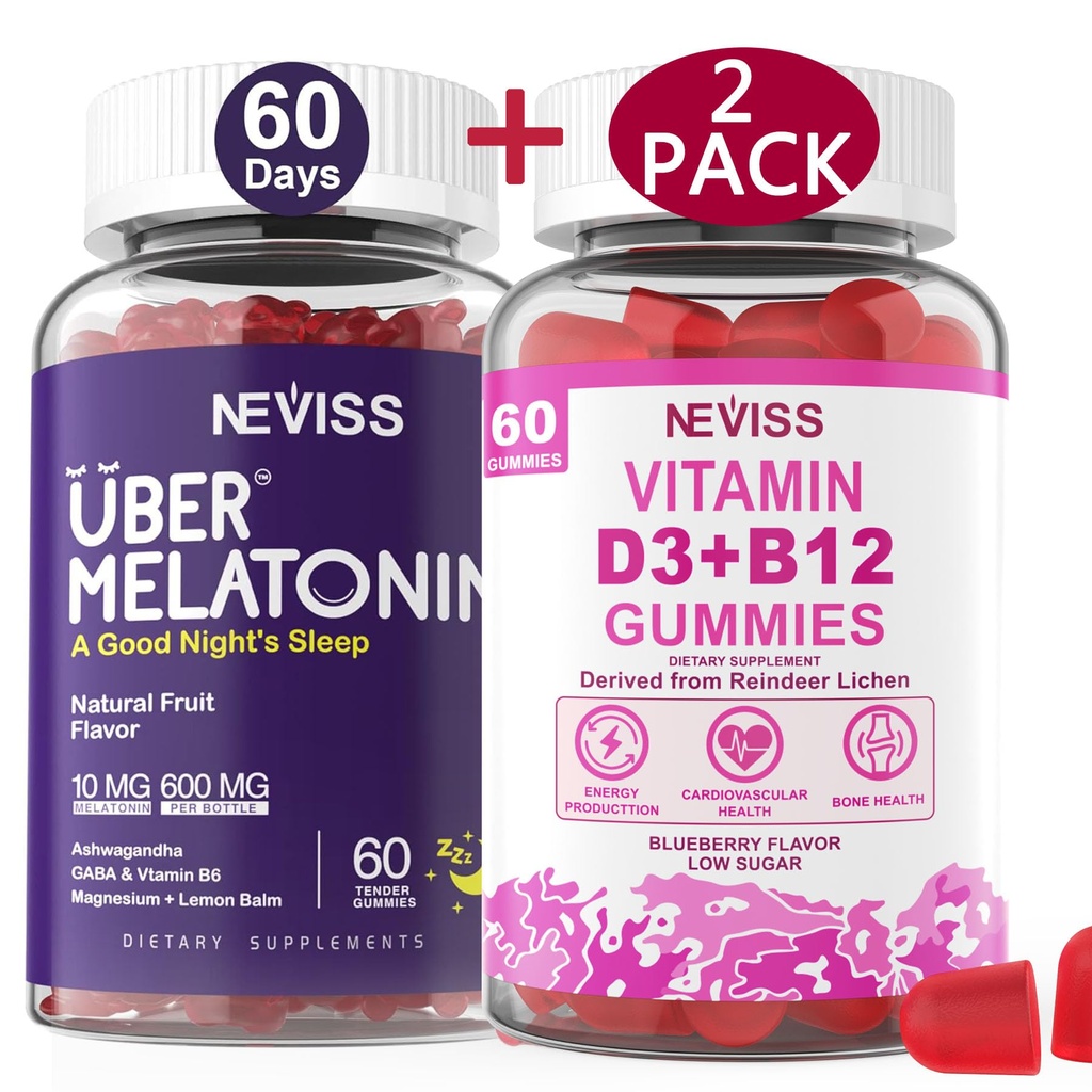 NEVISS Melatonina + witamina D3 & B12 Gumiaki, Wegan, 2 + 2 = 4 opakowania