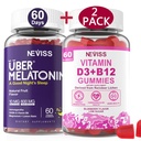 NEVISS Melatonina + witamina D3 & B12 Gumiaki, Wegan, 2 + 2 = 4 opakowania