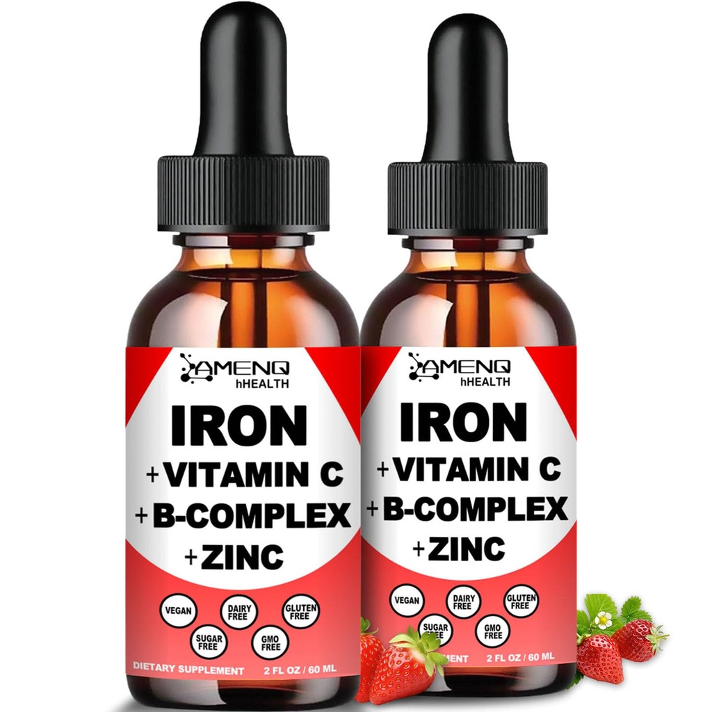 2 Pakiet płynnego żelaza suplement w / witamina C, A, B- Complex, Żelazo Wegan Drops wysokiej mocy płynne witaminy i suplementy żelaza dla kobiet, Mężczyźni i dzieci - Wsparcie Czerwonej Krwinki, Energia, Anemia i Zmęczenie