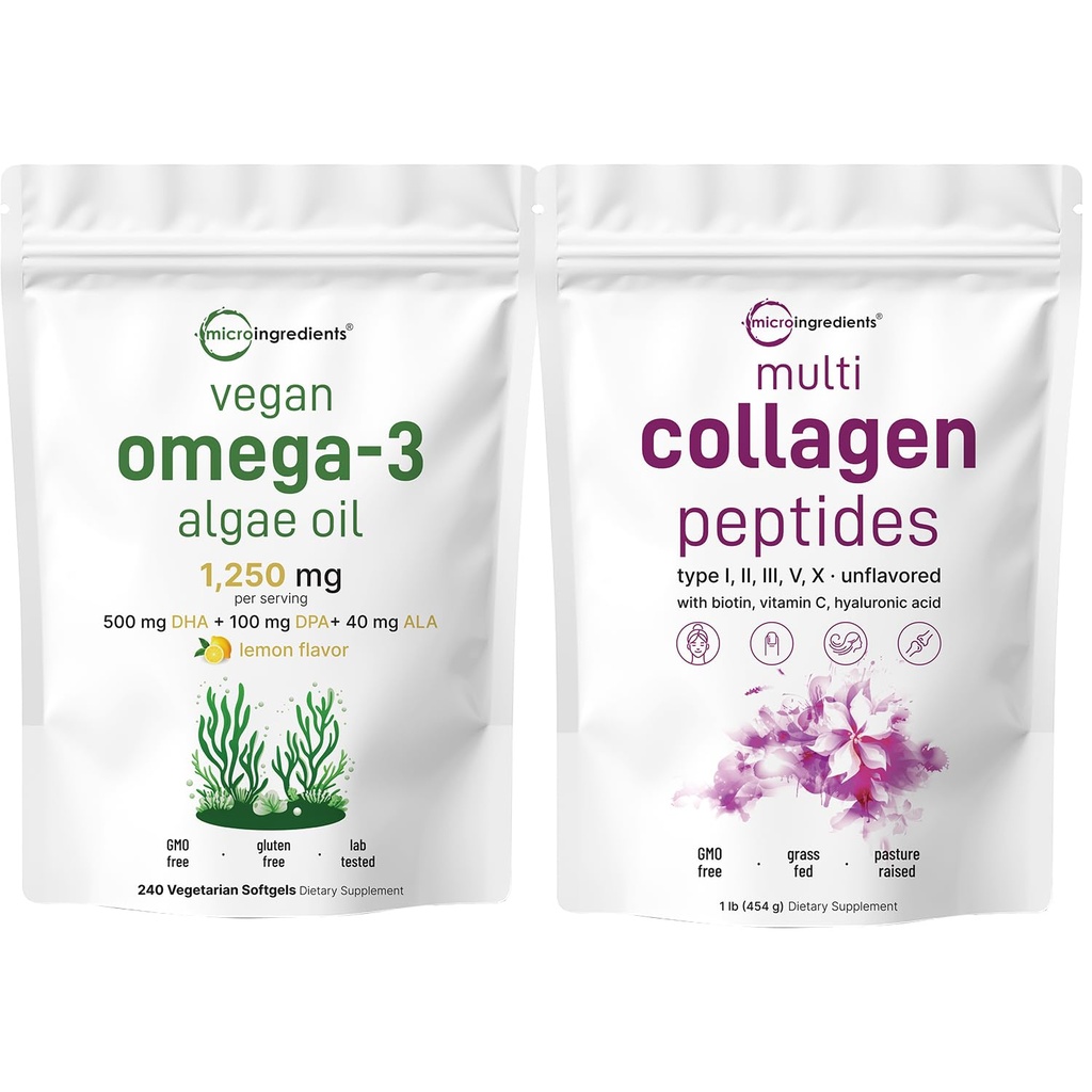 Micro Składniki Multi Collagen Protein Powder 16oz & Vegan Omega 3 Algae Oil Supplement Bundle 2 Pack 124; Kolagen Grass- Fed Peptides 124; Omega- Full Spectrum Alternative to Fish Oil