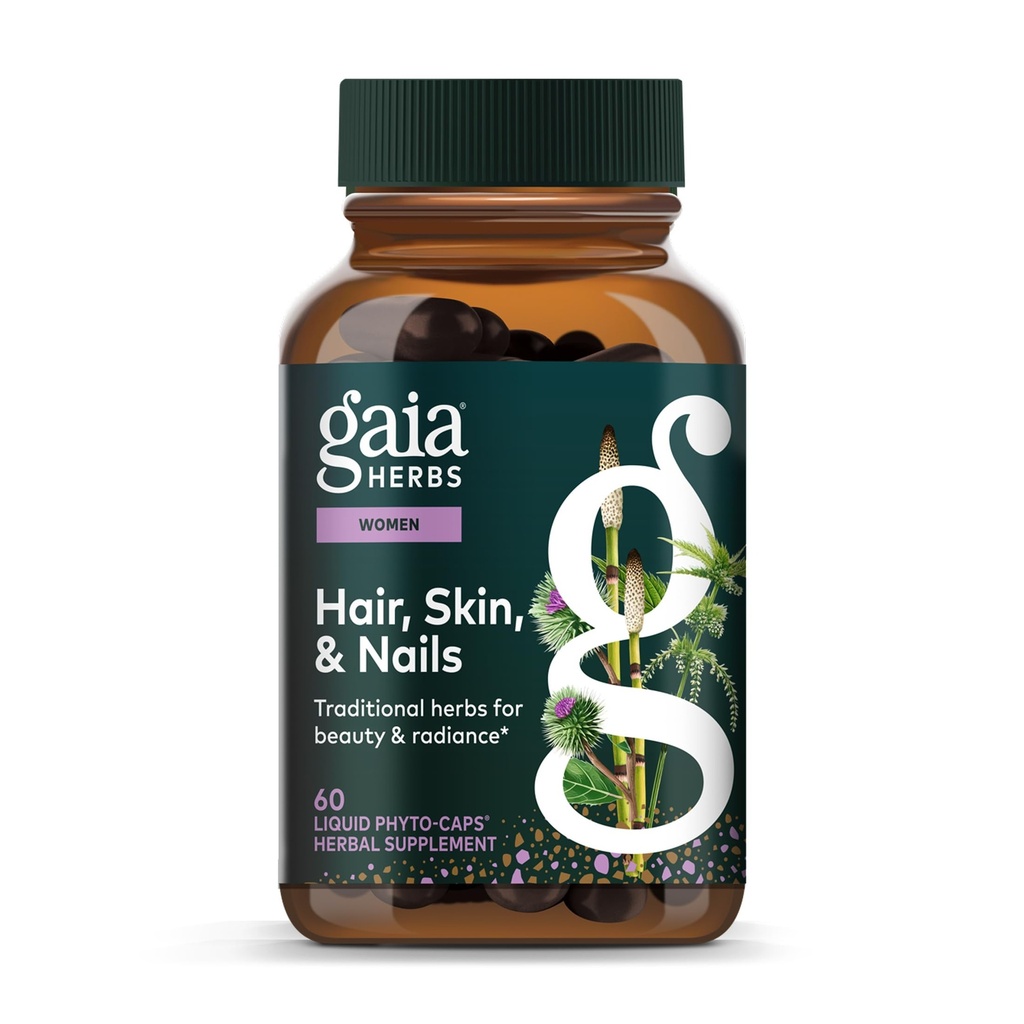 Gaia Herbs Hair, Skin & Nails - Suplement do wsparcia zdrowej skóry, włosów i paznokci Zdrowie * - Astaksantyna, Horsetail, Gotu Kola & Burdock - 60 Vegan płynne kapsułki (30 Słupki)