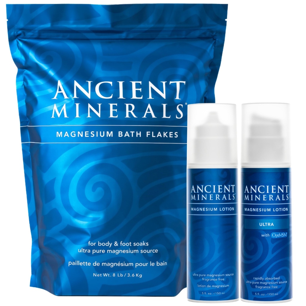 Ancient Minerals Magnezu płatki kąpielowe - Magnezu balsam i balsam Ultra z MSM - czysty chlorek Zechstein
