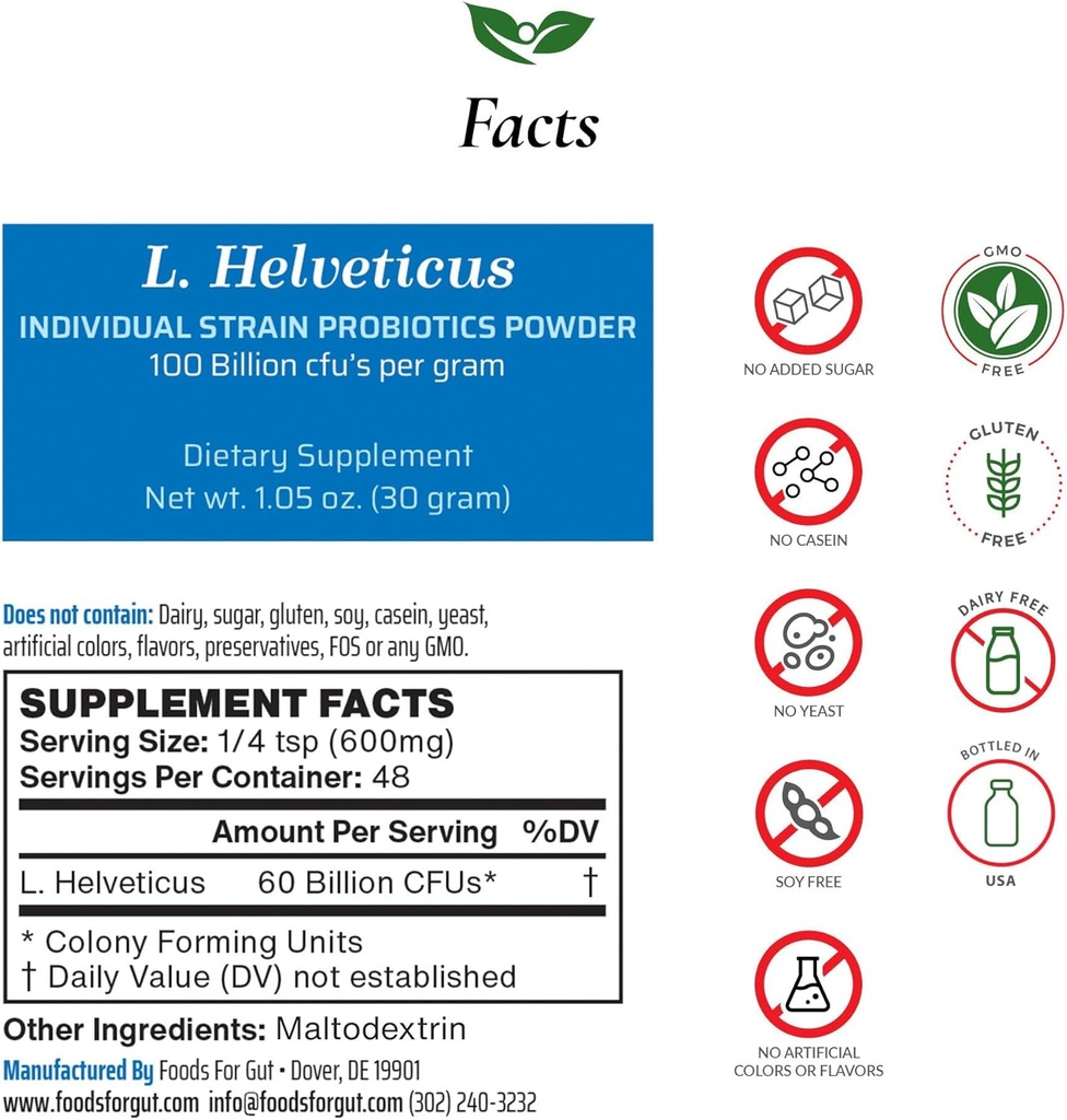 Żywność dla Gut Lactobacillus Helveticus Probiotic Powder 100 Billion cfu 's XI124; Brak dodatków XI124; Bezpośrednio od producenta XI124; Nie Third- Party Storage XI124; Wsparcie immunologiczne 124; L. Helveticus XI124; 30 Grams (1.05 Oz)