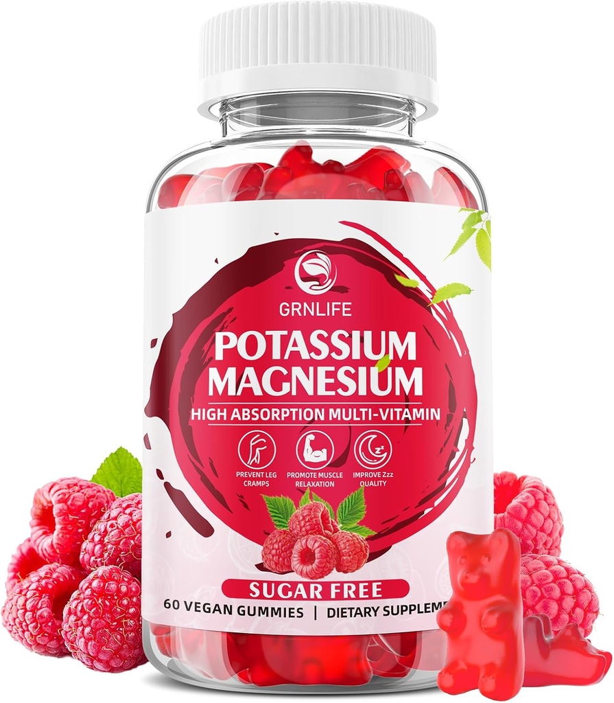 Suplement potasu Gummie Magnezu, Gummie potasu dla dorosłych Dzieci, Wysoka absorpcja Magnezu Glicynian dla Kurcze nóg i zdrowia immunologicznego, Bez cukru, Malina Flavors, 60 Hrabia
