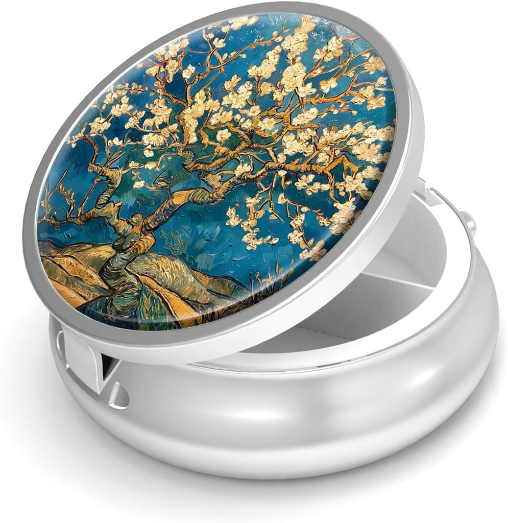 Pigułka Box- Computer Small Pill Case for Purse & Pocket Mini Metal Pill Holder Travel Pill Container do przechowywania suplementów Vitamin BPA- Free (Almond Blossom- Van Gogh)
