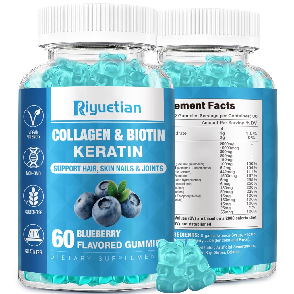 Biotin Gummies 15000mcg z kolagenem dla dorosłych Kobiety i mężczyźni - Włosy, skóra i paznokcie Gummies z biotyną - Kolagen dla kobiet - Wegan, Non-GMO, Witaminy do włosów - 60 Hrabia, 1 Pack