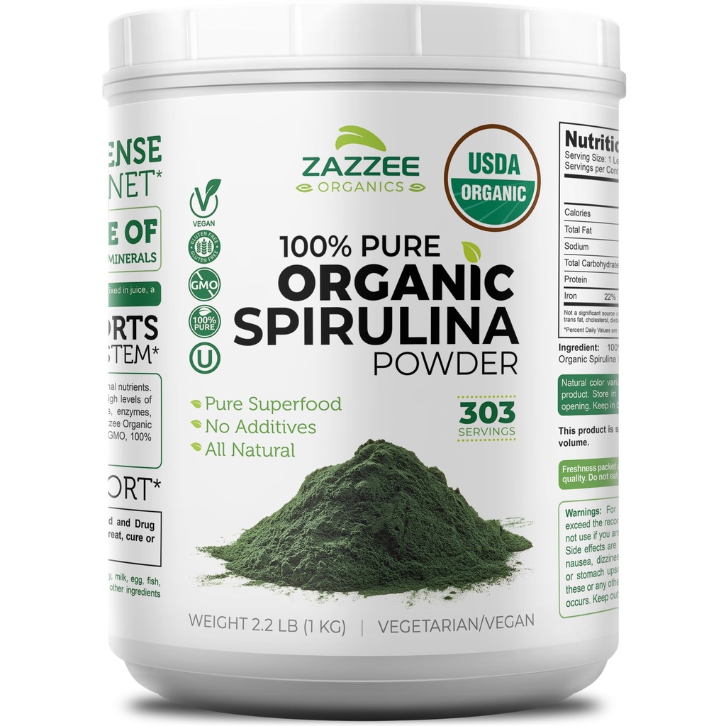 Zazzee USDA Organic Spirulina Powder, 2.2 Funty (1 KG), 303 Sługi, Certified Kosher, 100% Czysty, Nienapromieniowany, Mes- Free szeroki pojemnik na usta, Świeży zapach i Neutralny smak, Non-GMO, Made in USA