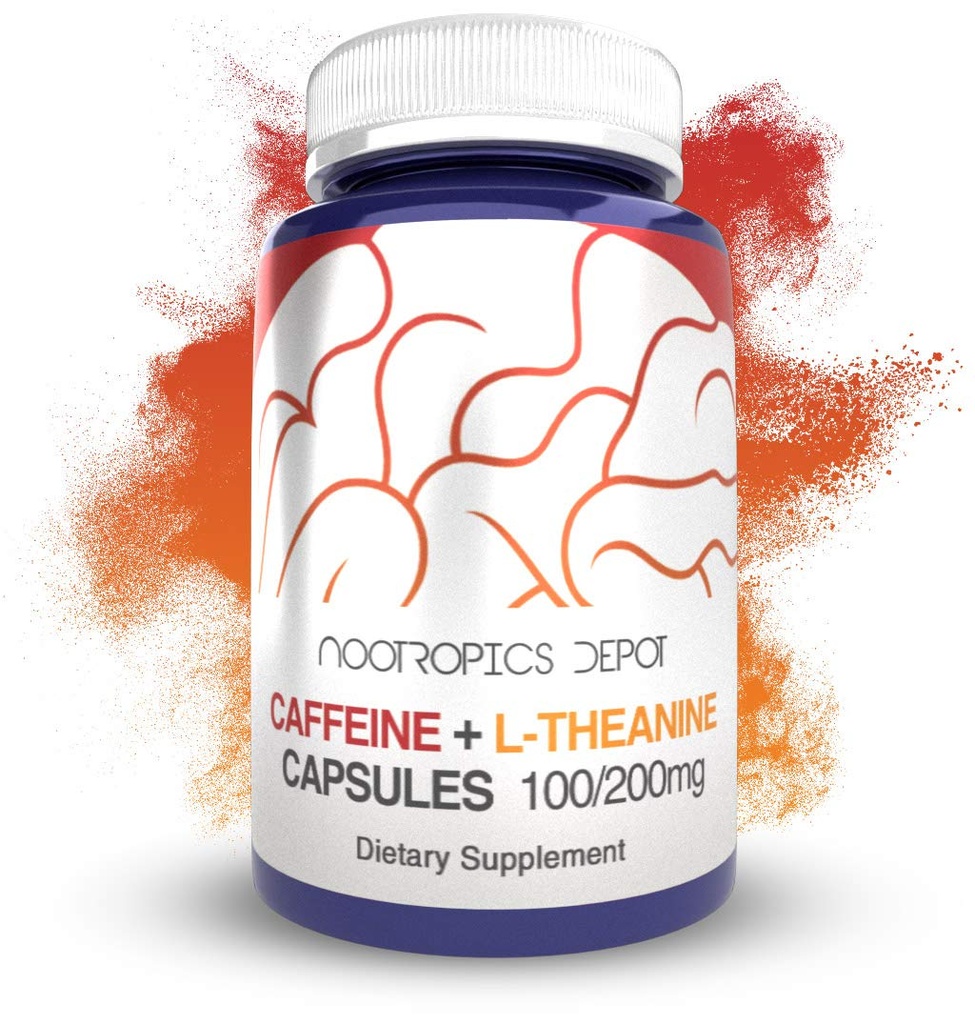 Nootropics Depot Caffeine L- Theanine Capsules Xi124; 180 Pigułki Xi124; Zawiera 100mg kofeiny i 200mg L- Theanine Xion124; Mózg Booster Xion124; Suplement energetyczny Xion124; Zwiększenie uwagi psychicznej + Alertywność Xion124;