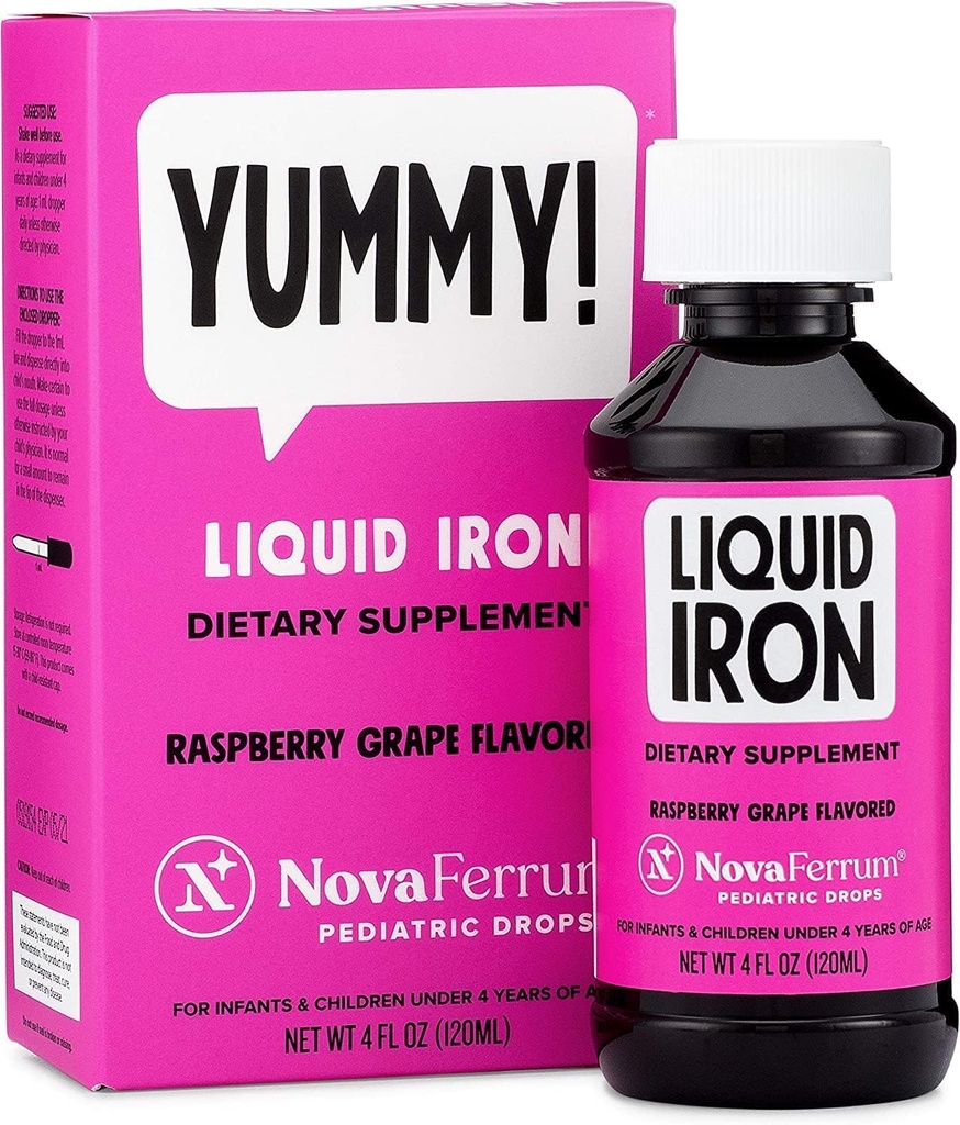 NovaFerrum Yummy Dummy 124; Pediatric Drops Liquid Iron Supplement for Infants and Toddlers 124; Liquid Iron for Kids Dummy 124; 15 mg żelaza na 1 ml dawka Dummy 124; Wieki 4 & Under Dumber 124; Gluten Free Certified Dumber 124; Sugar- Free Dumber 124; Malina