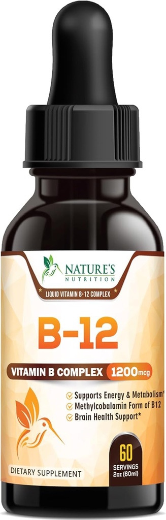 B- 12 Witamina Energy Drops (Metylokobalamina) Dodatkowa siła Super B Complex - Podjęzykowy B12 Liquid for Immune Support, Heart Health & Cellular Energy Support, Malina Flavored - 2 Fl Oz