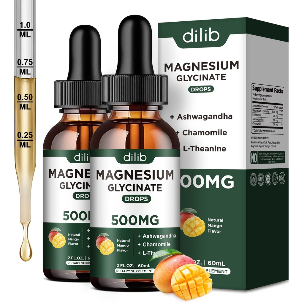 Magnezu Glycinate Liquid Drops Supplement, z Magnezu Glycinate 500mg Ashwagandha, L - Theanine, Rumianek -Wsparcie Stress Relief, Kości, Mięśnie, Mood Mango Flavor 2Pack