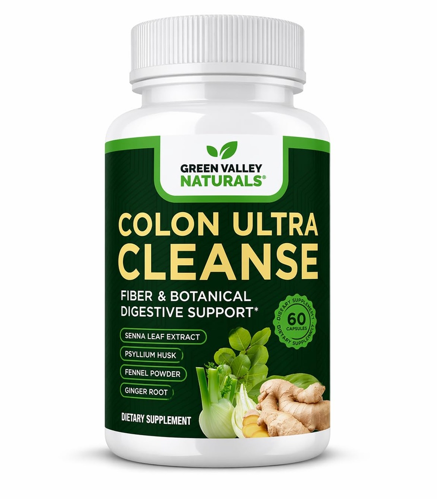 ZIELONA WALLEY NATURALNY Colon Ultra Cleanse - Fiber & Herbal Supplement with Psyllium Husk, Senna Extract, Fennel & Ginger British 124; Pomocnictwo pokarmowe & Gut Wellness 124; 60 Kapsułki