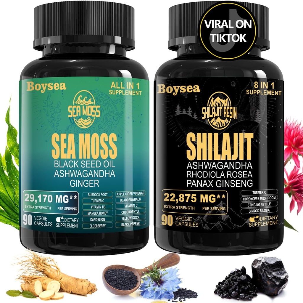 Geloo Superfood Supplement Bundle - 90 Kapsułki z mchu morskiego (Sea Moss, Black Seed Oil) & 90 Kapsułki z czystego Shilajit (Shilajit, Ashwagandha) -1 Pack
