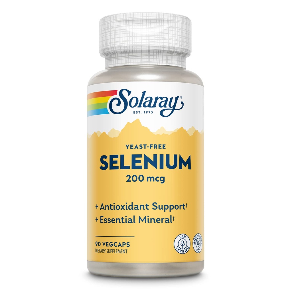 Solaray Yeast Wolny Selenium 200mcg, Selenium Kapsułki dla Zdrowego Tyroida Funkcje & Wsparcie immunologiczne, Wysoka Absorpcja Suplement, Wegan, 90 Słupki, 90 WegeCaps