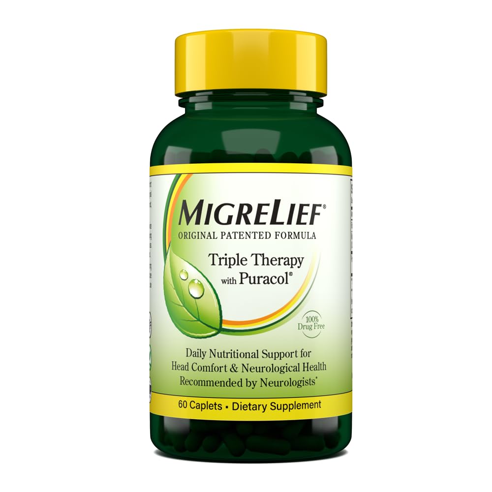MigreLief Original Triple Therapy with Puracol - Nutritional Support for Migrena Supplies - 60 Kaplets / 1 Month Supply
