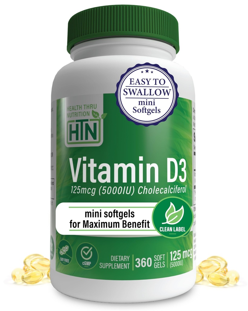 Zdrowie Thru Nutrition Witamina D3 5000iu 360 Mini Softgels dla maksymalnej korzyści rok dostaw 124; 125mcg Cholecalciferol 124; 3. strona Tested 124; Non-GMO USP Stopień jakości ekologicznej EVOO 124; Wsparcie dla zdrowia immunologicznego
