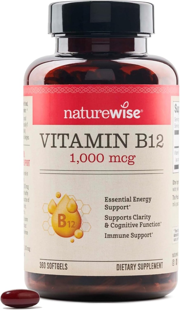 NatureWise Witamina B12 1000 µg - Suplement diety dla wspierania metabolizmu energii, Jasność psychiczna, Zdrowie układu nerwowego - Easy- to- Połknięcie, Soi & Gluten- Free, Non - GMO - 360 Hrabia [1- Dostawa roku]