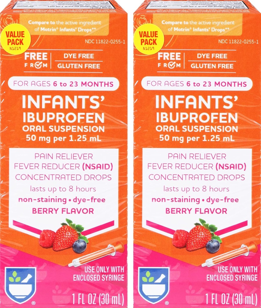 Ibuprofen Drops, Berry Flavor, 50 mg - 2 Pack Value 124; Pack Infant Pain Reliever 124; dla niemowląt w wieku od 6 do 23 miesięcy 124; Zawiesina doustna 50 mg na 1,25 ml