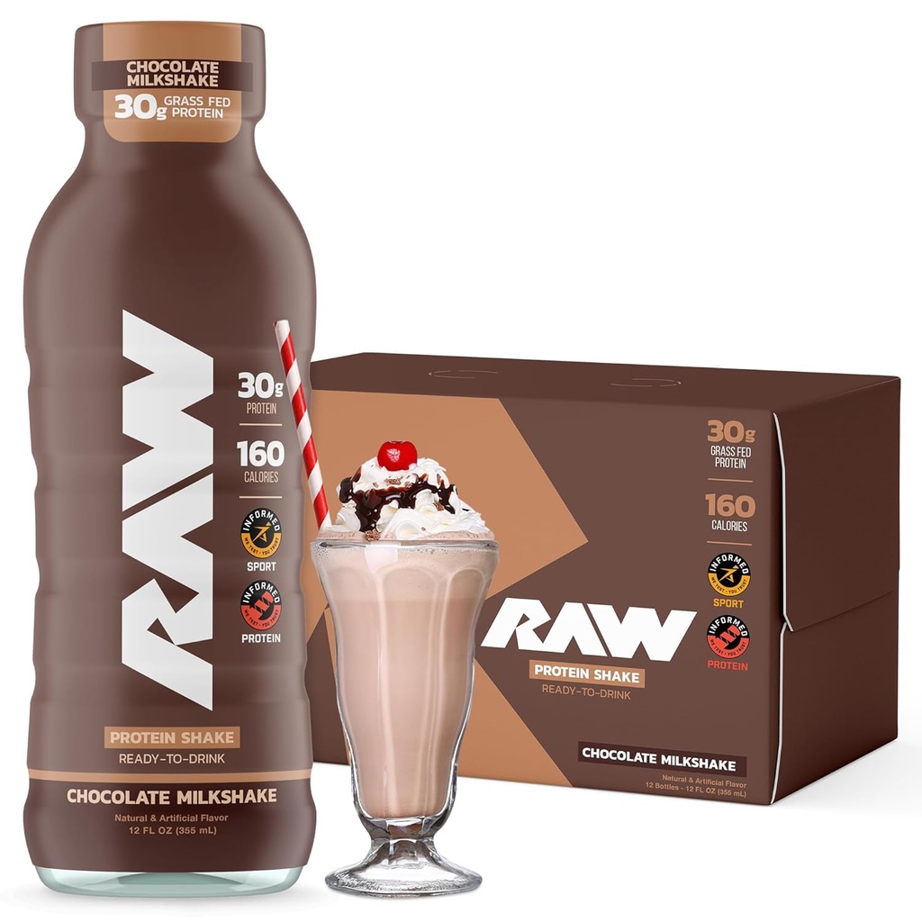 RAW Ready- to- Drink Protein Shake, Czekolada - Napoje białkowe RTD z Grass- Fed Protein Protein Isolate for Post- Workout - Zero- Cukier & Gluten- Wolny posiłek Napoje & Śniadanie Shake, 12 Fl Oz