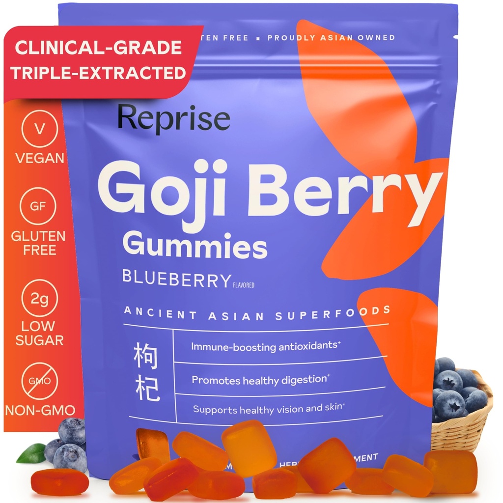 Reprise Goji Berry Superfood Gummies - All- Naturalny przeciwutleniacz, trawienie, 240 mg Pełnomocna, Cukier niski, Wegan, 45 Blueberry Flavored Gummies