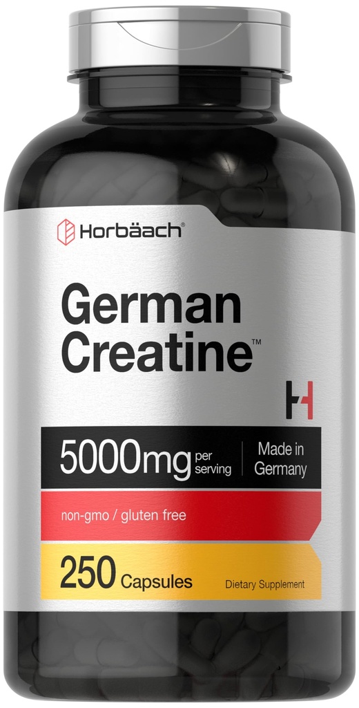 Horbaach Niemiecki Monohydrat kreatyny 124; 5000mg 124; 250 Kapsułki proszku 124; Nie-GMO & Gluten