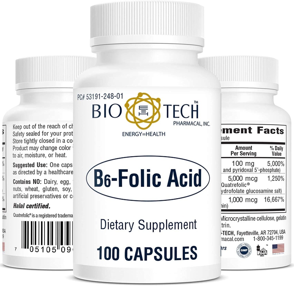 Bio- Tech Pharmacal B6- Kwas foliowy, 100 Kapsułki - All- Natural Supplement - Wspiera zdrowie układu sercowo-naczyniowego, kości i układu nerwowego - No Dairy, Fish, Gluten, Peanut, Shellfish, Halal, & Soy - Nie