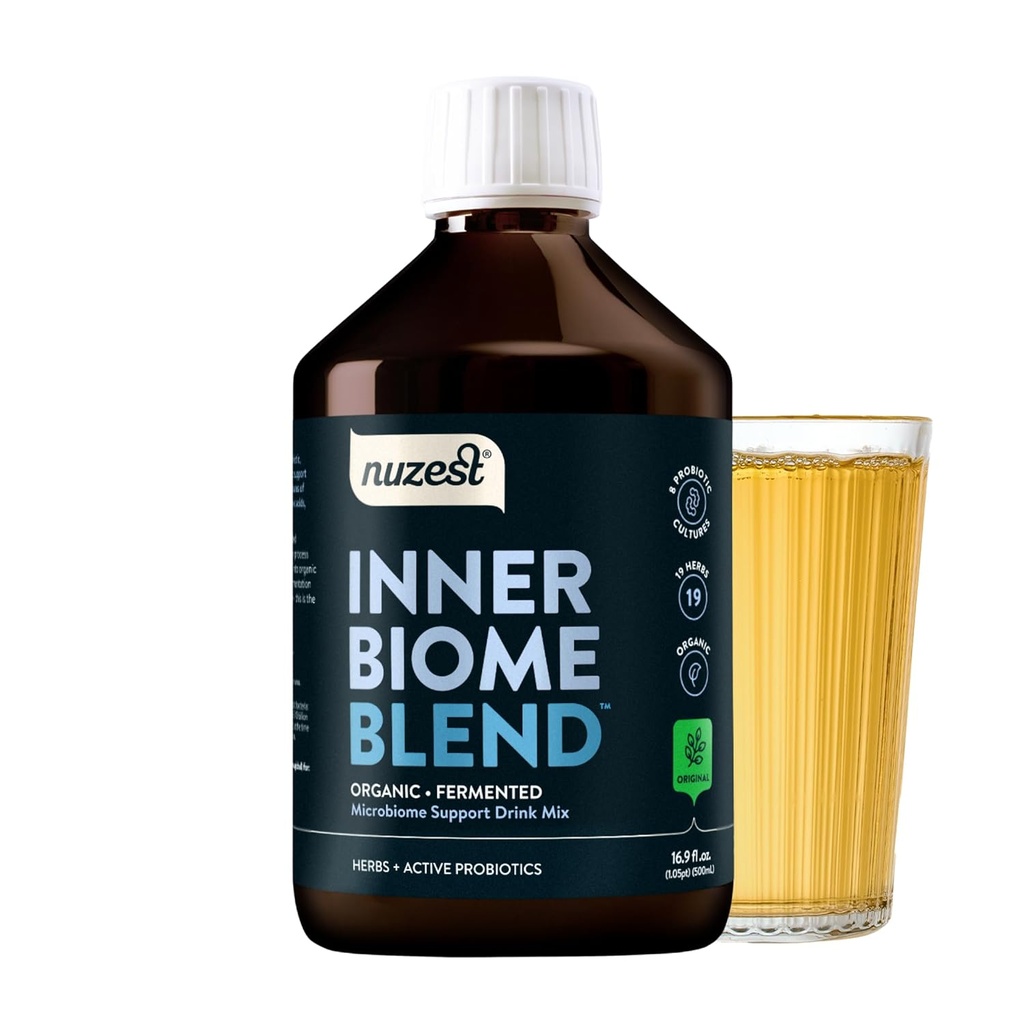 Nuzest - Wewnętrzny Mieszanka Biomu - Prebiotyczny, Probiotyczny i Postbiotyczny Napoje Ciekłe Mix - Wsparcie mikrobiologiczne - 8 Kultury Mikrobiotyczne, 19 Zioła fermentowane - Wegan - Organiczny - Oryginalny Flavour 16.9 fl.oz / 500ml