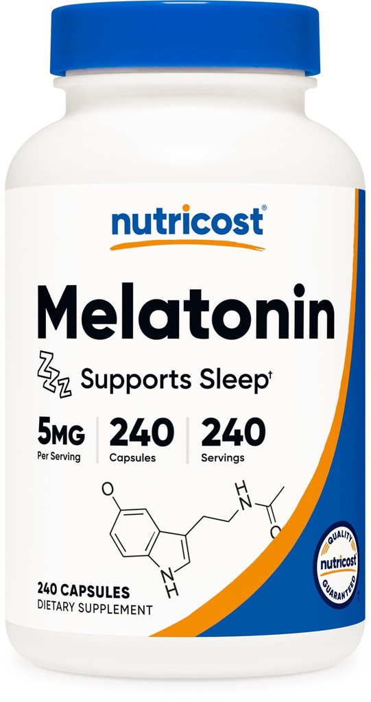 Nutricost Melatonin 5 mg, 240 kapsułki - 5 mg na Podawanie, Non- GMO, Gluten Free