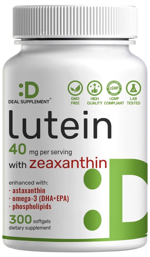 Luteina i Zeaksantyna Suplementy, 40 mg na Podawanie, 300 Softgeli - Plus Astaksantyna, Omega- 3, & Fosholipidy - Non-GMO