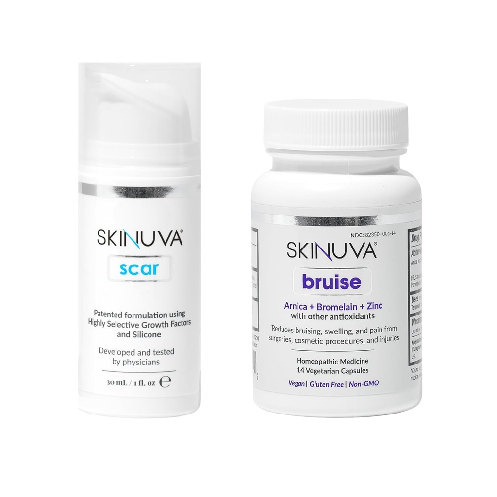Skinuva ® Scar (1 oz) & Bruise (14 kapsułek) - Zaawansowany Krem silikonowy z czynnikami wzrostu i Homeopatic Bruise Remedy z Arnica, Bromelain & Zinc