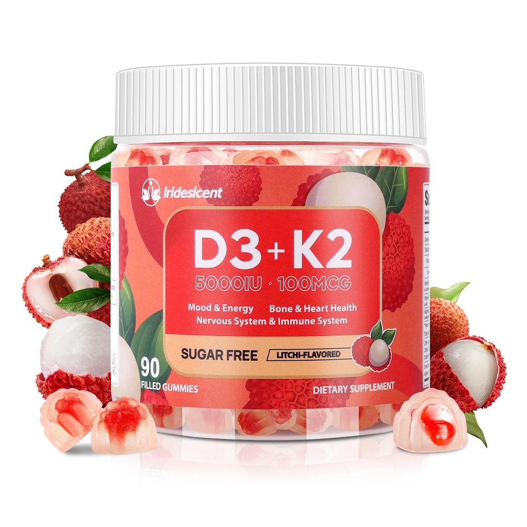 Vitamin D3 K2 Gummies w/Magnesium Sugar Free - 90 Count | D3 Vitamin 5,000 IU + K2(MK-7) 100 mcg - Vegan K2 D3 Vitamin Supplement, Highly Absorbent Supports Bone, Muscle, Mood & Immune(Lychee Flavor)