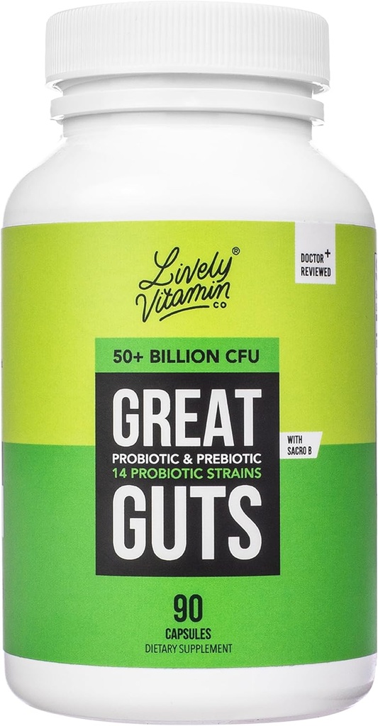 LIVELY VITAMIN CO. Great Guts Probiotic 50 Milion CFU Probiotic - Balance Gut Microbiome, GI Tract, Zapalenie, Niestrawność, Refluks, Upset Stomach, & Biegunka - 90 Czapki