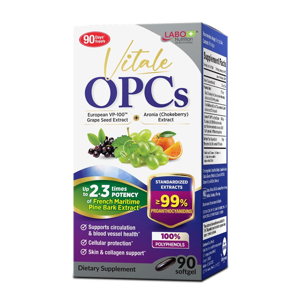 LABO Nutrition Vitale OPCs: 124; Premium European Grape Seed Extract with Aronia, Citrus Bioflavonoids: 124; Supports Circulation, Skin Health and Cellular Protection Agregates 124; 100% polifenoli 90 Softgels