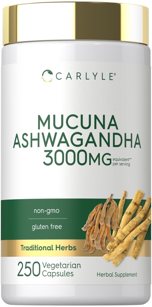 Carlyle Mucuna z Ashwagandha 124; 3000mg 124; 250 Kapsułek 124; Mucuna Pruriens Supplement 124; Wegetarianin, Non-GMO, Gluten Free