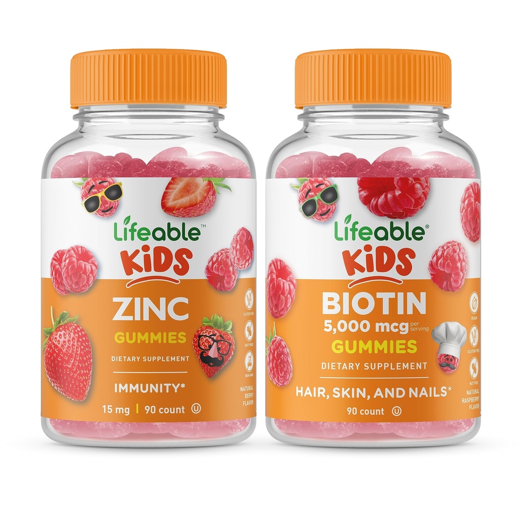 Żywe Cynk Kids + Biotin Kids, Gummies Bundle - Great Desting, Suplement witaminy, Gluten Free, GMO Free, Gummy do żucia