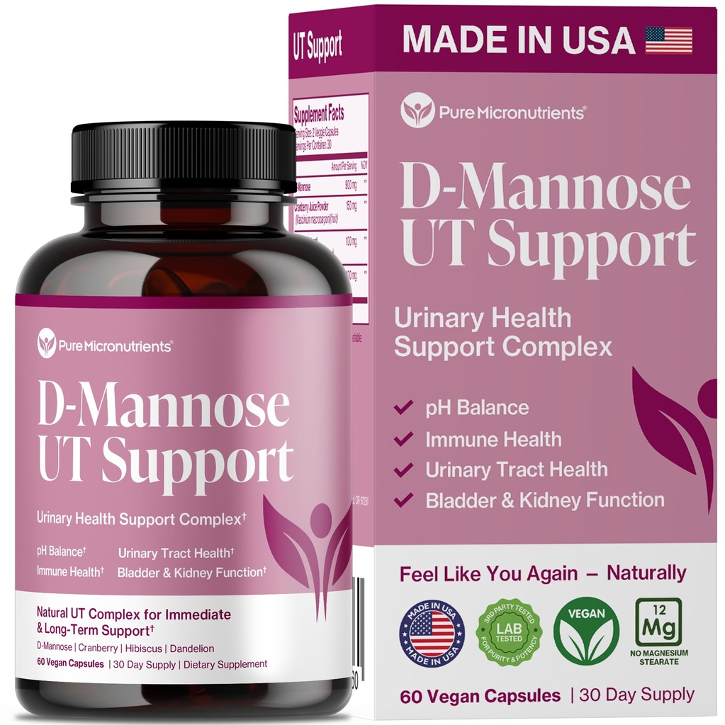 Pure D Mannose Kapsułki 1000mg Per Serve - Szybkie działanie UTI Wsparcie - Urynary Tract Cleanse & Bladder Health - Żurawina, D- Mannose, Dandelion, Kwiat Hibiscus - 60 Kapsle Veggie