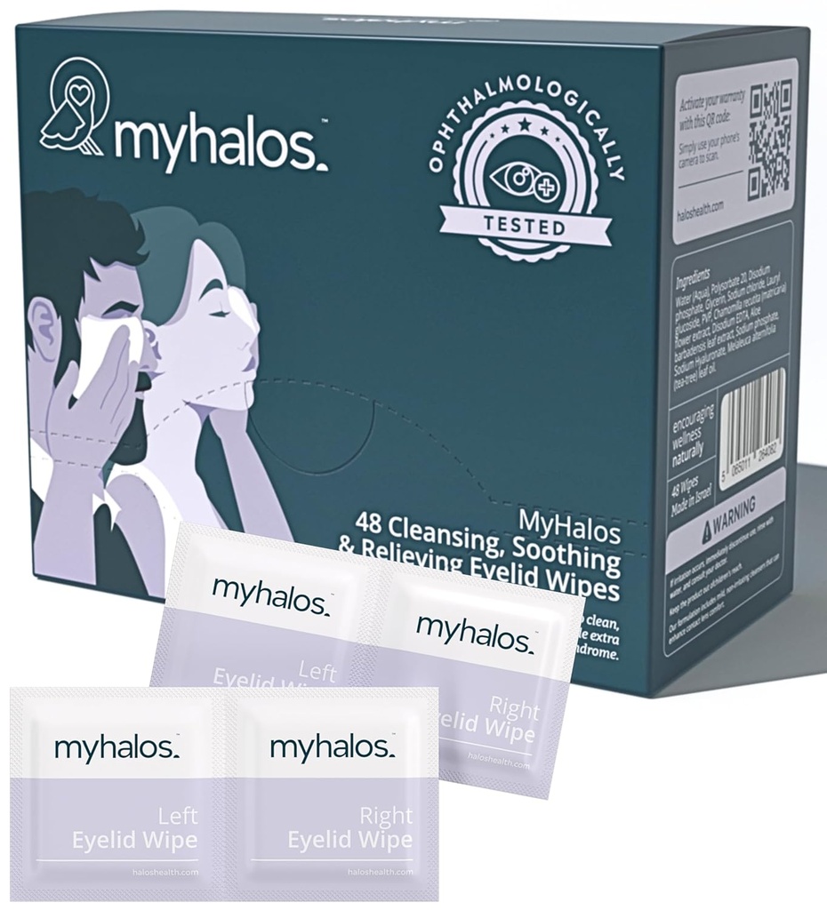 MyHalos ® 48 Nawilżające chusteczki do oczu do suchego odchudzania oczu - nawilżające i kojące chusteczki do oczu z herbatą - Pomaga z zespołem Blepharitis & Computer Vision, Blepharitis Leczenie powiek, Cleanser