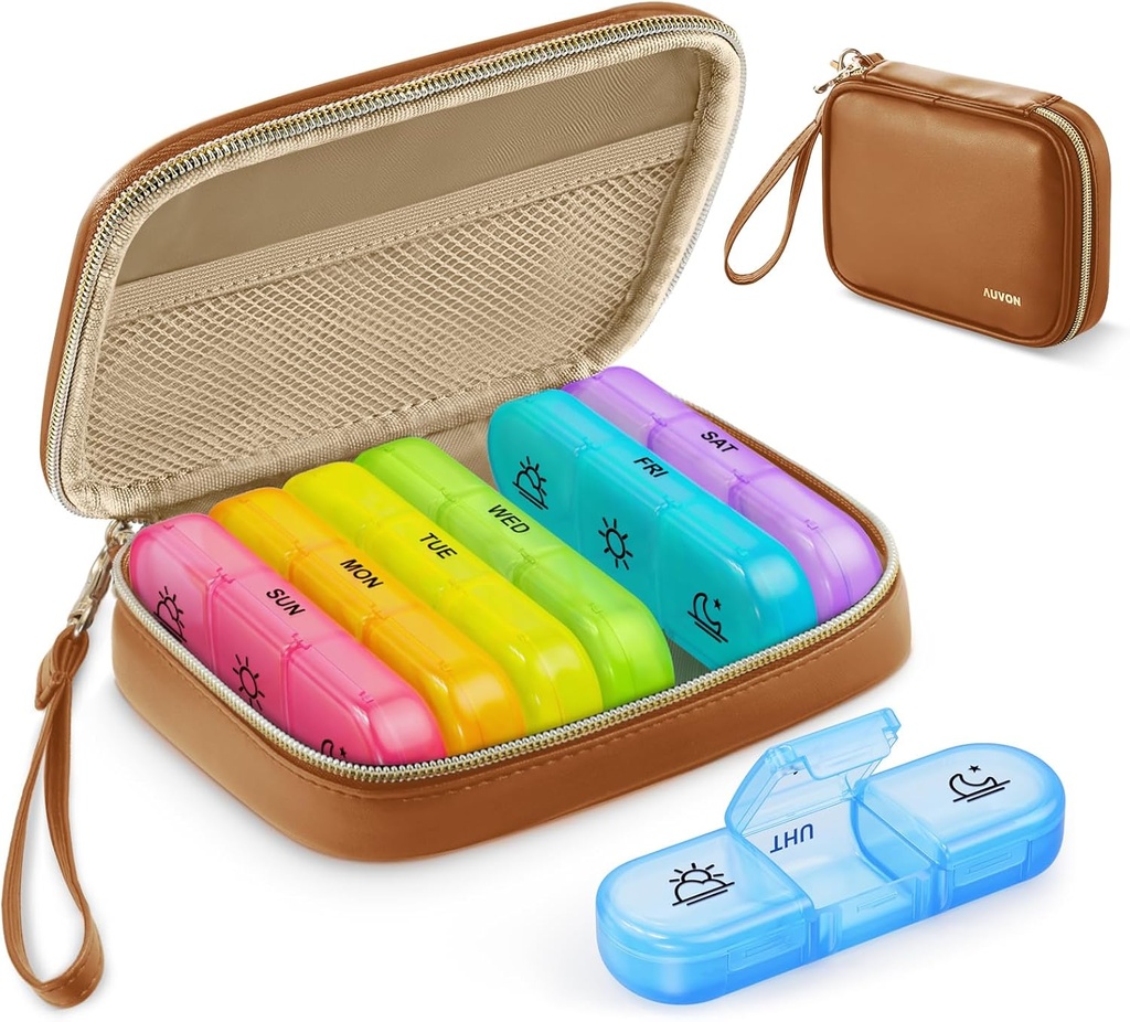 AUVON Cotygodniowy Pill Organizator 3 razy dziennie, Duży Pill Box 7 dzień z PU Leather Bag, Protabel Travel Pill Case Medication Reminder, Daily Pill Box 3 razy dziennie Vitamin, Oleje rybne, Suplementy