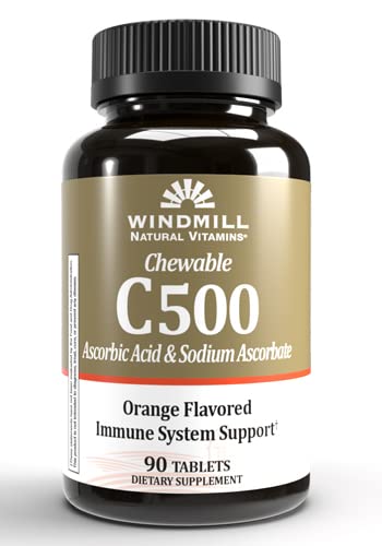 Windmill Health Products Chewable Witamina C- 500, Wsparcie systemu immunologicznego, Potężne przeciwutleniacze, 90 Tabletki, 90 Liczba