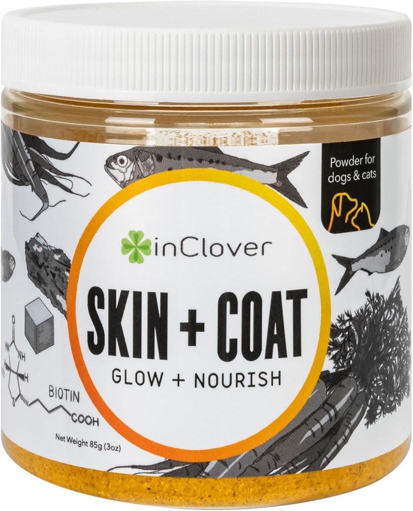 W Clover Dog Skin and Coat Supplement, BioRadiant Natural Supplement for Dogs, Healthy Skin and Coat, Fish Oil Alternative wykorzystuje marchewki, kokosowe, Omega 3 's, Biotin i cynku Soothe Skóra